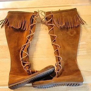 Minnetonka Front Lace Knee High Fringe Boot